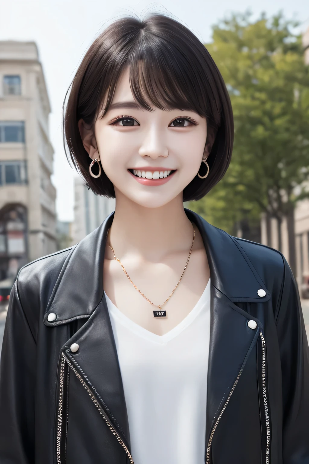 Highest quality, ,smile、Beautiful teeth alignment、Black Hair、Short Haircut、Dark eyeliner、Jacket、shirt、ear piercing、necklace,、The background is the building's corridor.