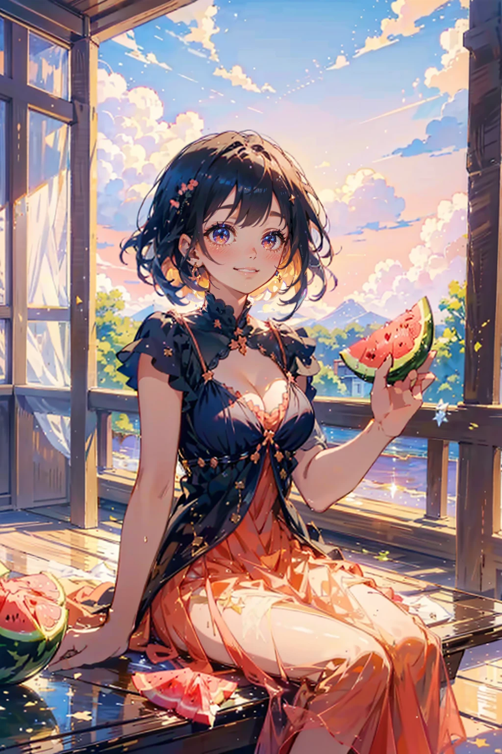 1girl,solo,cute,smile,bigbreast,cleavage,eat a watermelon,have a cut watermelon,sitting a veranda,woody,brilliant sky,sunshine,summer