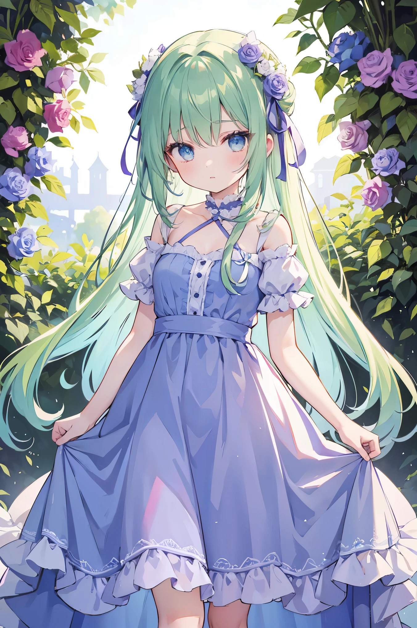 1 girl in、green colored hair、Longhaire、fluffy hair、Light blue eyes、Delicate eyes、a beauty girl、Purple Dress、Long dress with fine décor、Beautiful purple long dress、Rose Garden Background、rose garden、dame