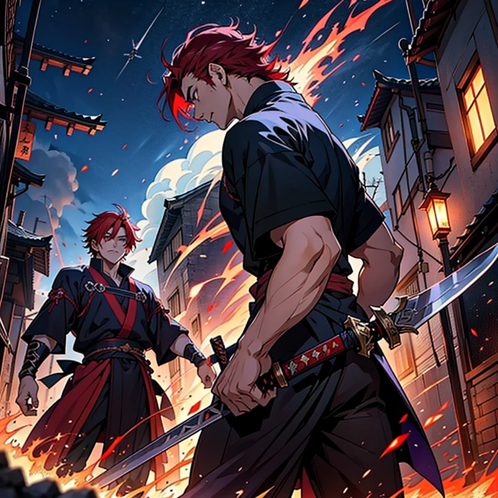 Japanese anime style。A different world of swords and magic,middle Ages,Dark style,In the Royal City,A handsome red-haired guy attacks a humanoid goat demon with a sword attached to purple flames,The devil resists with his claws,Produced a shock wave,This demon looks weird
