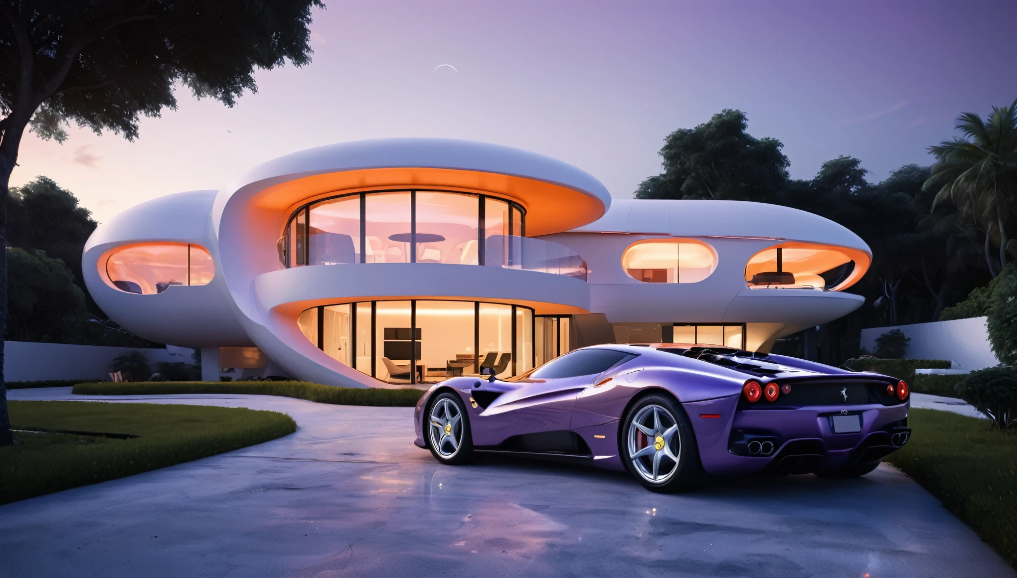 a futuristic house with a satelite dish and antenna array on the rooftop, with a white Ferrari testarossa parked in front of it, cgsocietywlop, beautiful curves, intricate devilish designs, qualia, interesting shapes & form, wow factor, elaborate polished, architectural rendering, miami, bioluminescent, colorfull, glow fluid, purple and orange soft lighting in interior of house, futuristic battlefield, inspired by James E. Brewton, precise architectural rendering