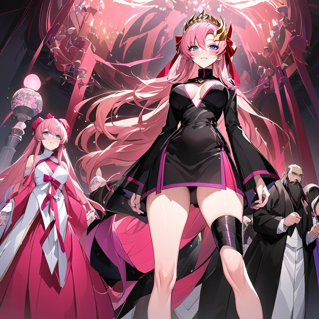 ((Highest quality)), ((masterpiece)), (detailed), (Perfect Face)、The woman is Lacus Clyne, a shrine maiden of the evil god, a saint of darkness, and the wife of the leader of the evil god cult. She has blue eyes, medium-long pink hair, a hair ornament, a gorgeous black shrine maiden outfit of the evil god, an evil god necklace, evil accessories, a gorgeous evil god head chain tiara, and an engagement ring.、The woman is the wife of a middle-aged, bearded cult leader who is revered by a mysterious cult of evil gods.、He is standing at the altar of the Evil God Cult with a mysterious cult leader dressed in luxurious cult leader clothing.