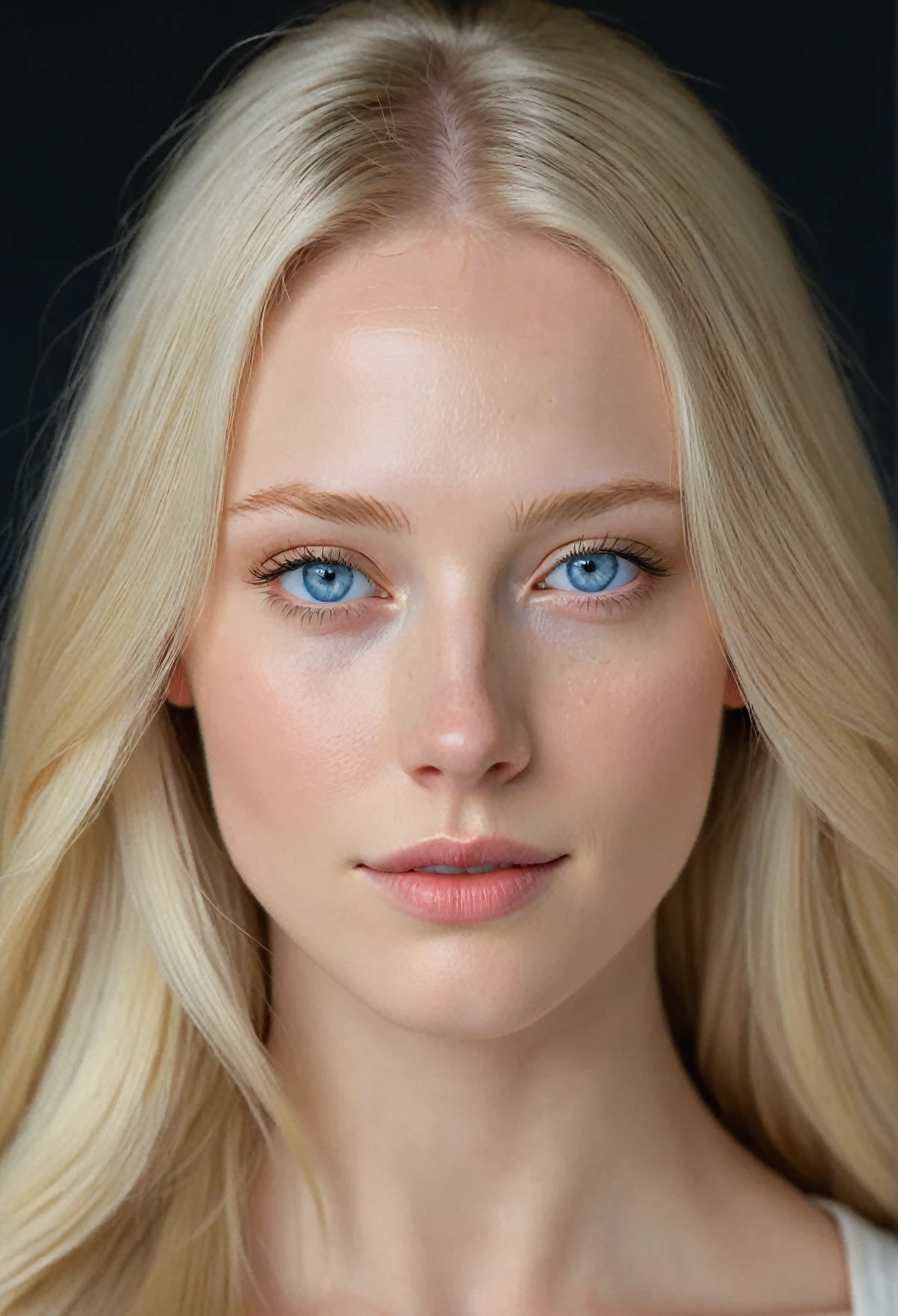 Extremely light albino woman, young, adult, neoteny, blue eyes, angelic face, fine features, thin nose, symmetrical face, small nose, perfect face, tenderness, smooth skin, perfect skin, very long light blonde hair,hyper realistic,centered front face, looking straight ahead,mouth shut,strong face freckless