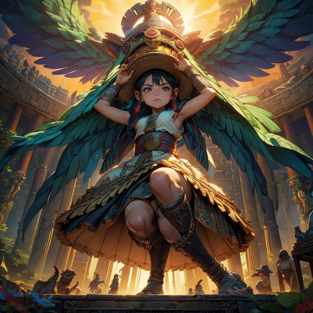 Childish, high quality、Very detailed、8Year、Mayan Aztec young priestess、Flying Feathered Serpent(Quetzalcoatl Kukulkan)Looking up at the sky and offering prayers、Chichen Itza Temple of the Sun in the Forest、mysterious、