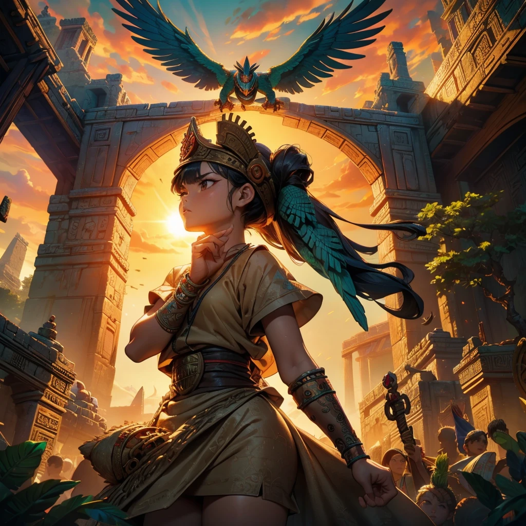 Childish, high quality、Very detailed、8Year、Mayan Aztec young priestess、Flying Feathered Serpent(Quetzalcoatl Kukulkan)Looking up at the sky and offering prayers、Chichen Itza Temple of the Sun in the Forest、mysterious、