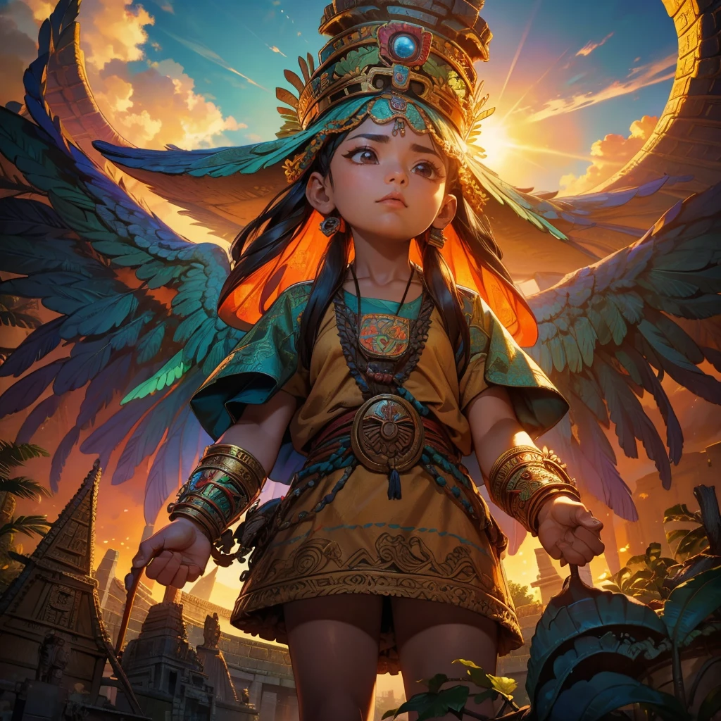Childish,  high quality、Very detailed、８Year、Mayan Aztec young priestess、Flying Feathered Serpent（Quetzalcoatl Kukulkan）Looking up at the sky and offering prayers、Chichen Itza Temple of the Sun in the Forest、mysterious、
