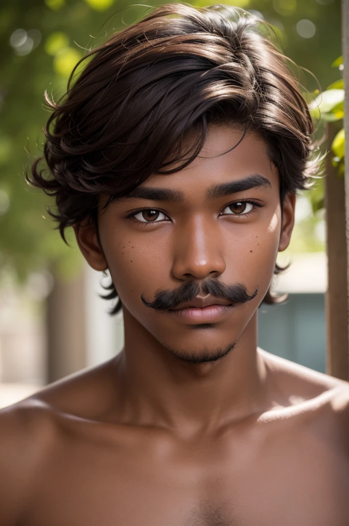 teenager man, dark skin brown hair, Bad mustache and pimples on the cheek