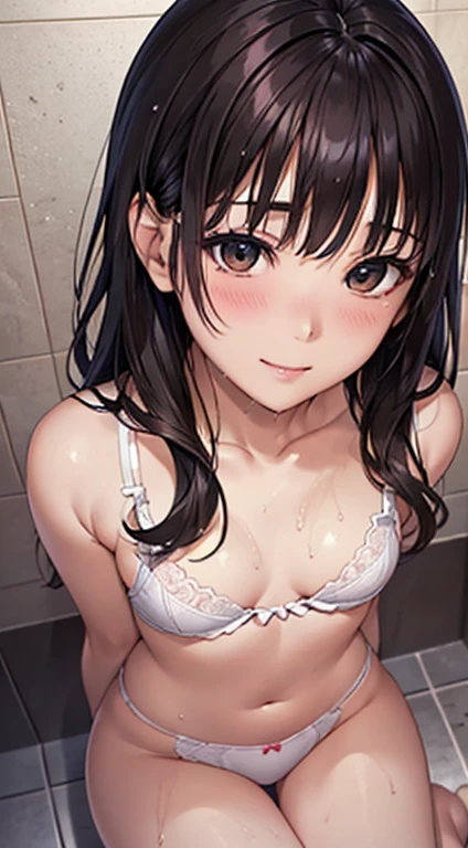 (Tabletop, Highest quality, High resolution, , Pixel perfect, 4K,), 1 girl, single, alone, Beautiful woman、I could see the whole body、 ((Wavy mid-length hair, bangs, Black Hair)), ((Brown eyes, Beautiful eyelashes, Realistic eyes)), ((Detailed face, blush:1.2)), ((Smooth texture:0.75, Realistic texture:0.65, Realistic:1.1, Anime CG style)), Small chest, Dynamic Angle, Perfect body、look up、A shy smile、Angle from below、Shower room、Sitting on the floor、Wet underwear
