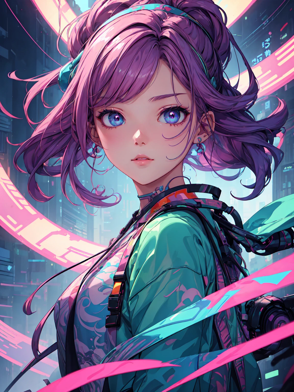 Close-up of a person wearing a headband, Digital Art inspired by Yanjun Cheng, tumbler, Digital Art, Vibrant fan art, Portrait of Rofi, Gweiz-style artwork, Neo Vaporwave, Colorful digital painting, Cyber aesthetics, K-Pop Idol Portraits, Yanjun Chent, Digital anime illustration, NFT Portrait, Digital Cyberpunk Anime Art.