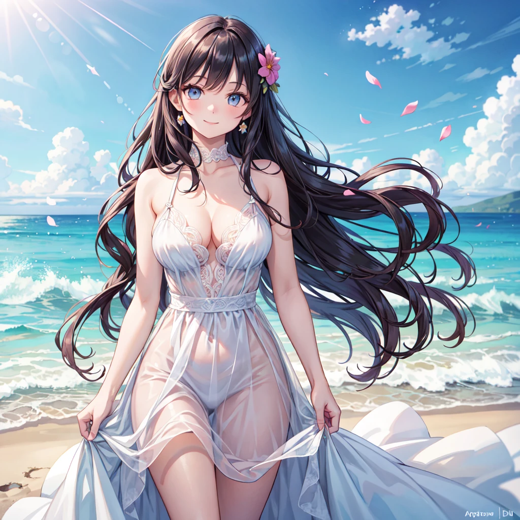 a beautiful woman, a white and dress, in a beautiful beach, long hair in a mess, flirting, light smile, Holding flowers, ultra HD, realistic, bright colors, high detail, UHD drawing, perfect composition, beautiful detailed complex