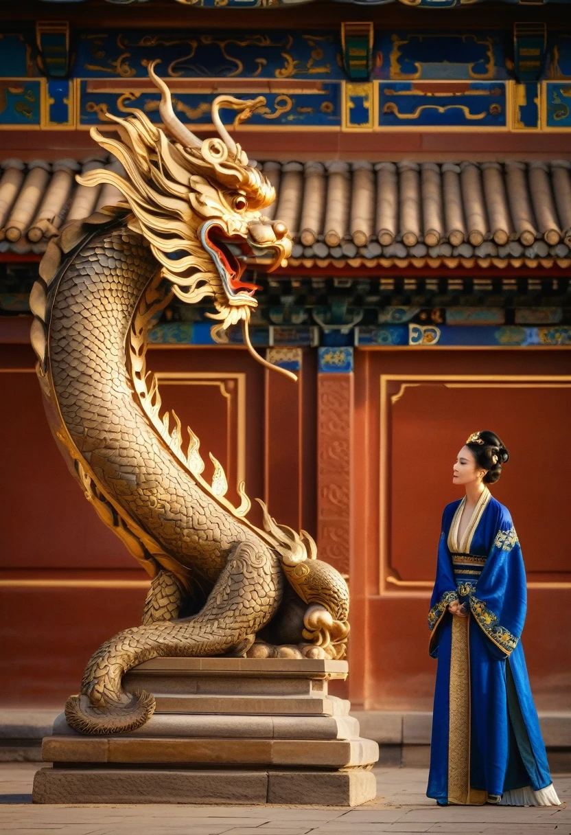 cinematic still Amidst the red walls of the Forbidden City, with its golden roofs gleaming under the sun, an asian woman in a royal blue robe with golden dragon motifs walked. Her attire, reminiscent of the empresses of yore, made her a moving masterpiece, echoing the grandeur and history of dynastic China.. emotional, harmonious, vignette, 4k epic detailed, shot on kodak, 35mm photo, sharp focus, high budget, cinemascope, moody, epic, gorgeous, film grain, grainy, cinematic, extremely, fabulous colors, artistic, perfect intricate, beautiful scenic full light, great composition, atmosphere, dynamic dramatic ambient, creative, lively, elegant