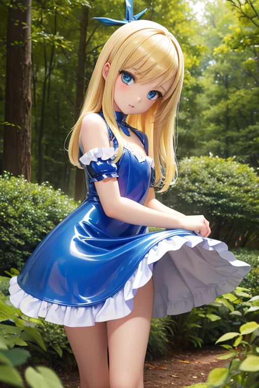 Perfect Anatomy　Highest quality,Highest Resolution,(((Blue Latex Dress　Blonde)))　Alice in Wonderland　10 years old　A Cup　forest　flat chest