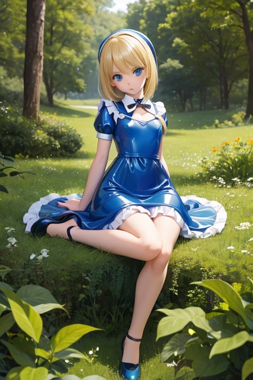 Russian girl blonde, years 23, Busty, Long neckline, short summer dress white with a pattern in the form of blue flowers, Against the background of the Russian village, summer