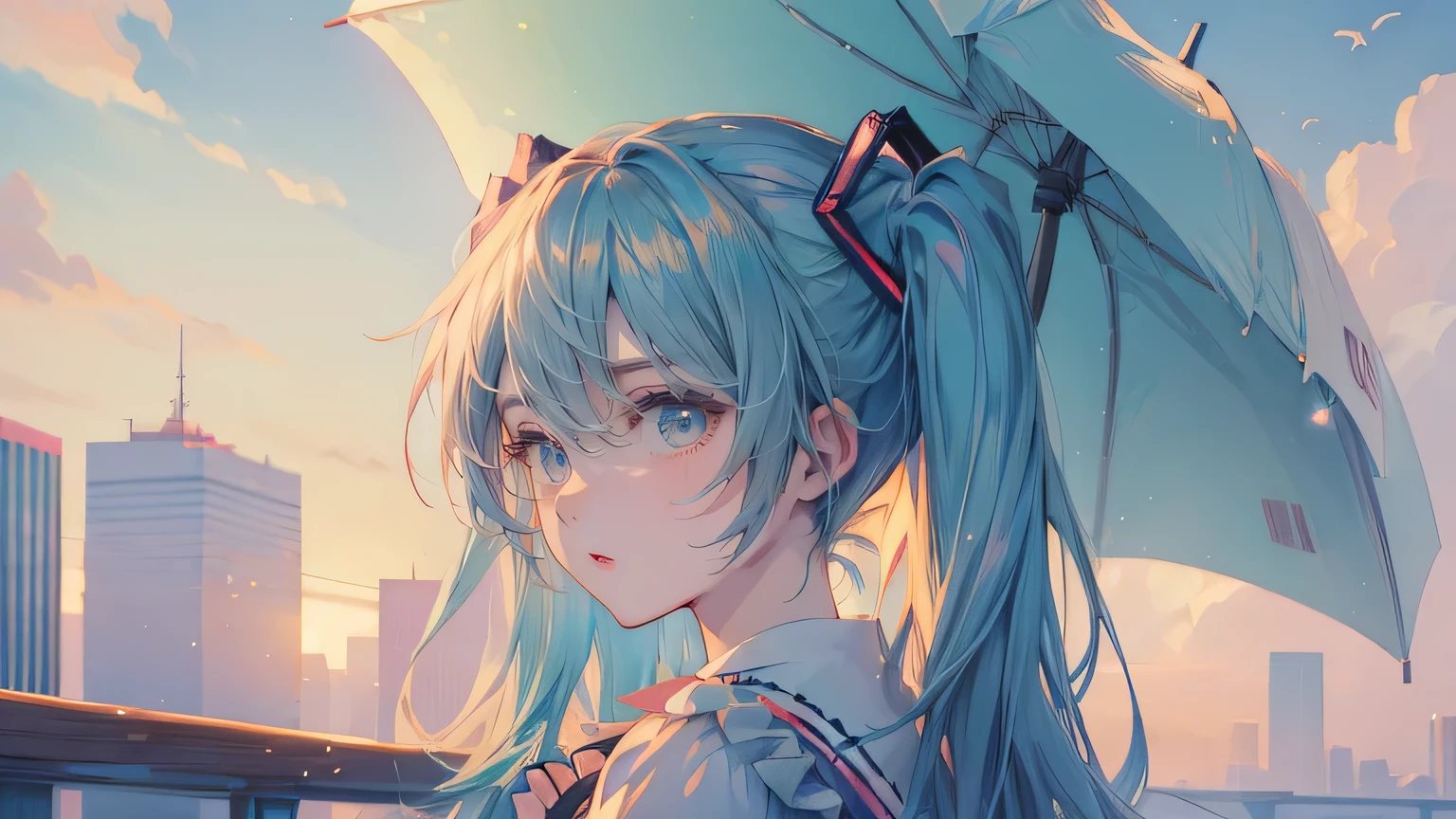 (((( top quality, masterpiece )))), Ultra-detailed illustrations, Realistic skin texture, depth of detail and extensive writing, Anime Girl with blue hair sitting on a bench with an umbrella, Otashiro, Solitary,complicated, Detailed and realistic faces, Super beautiful,Looking at you with bright eyes,perfect and complicated eyes, seductive Anime Girl, Hatsune Miku, Anime style 4k, Anime Girl, cute Anime Girl, portrait of Hatsune Miku, Anime Girls, Anime cute art style, Hatsune Miku portrait, Top rated on Pixiv, vocaloid, Anime Girl with teal hair