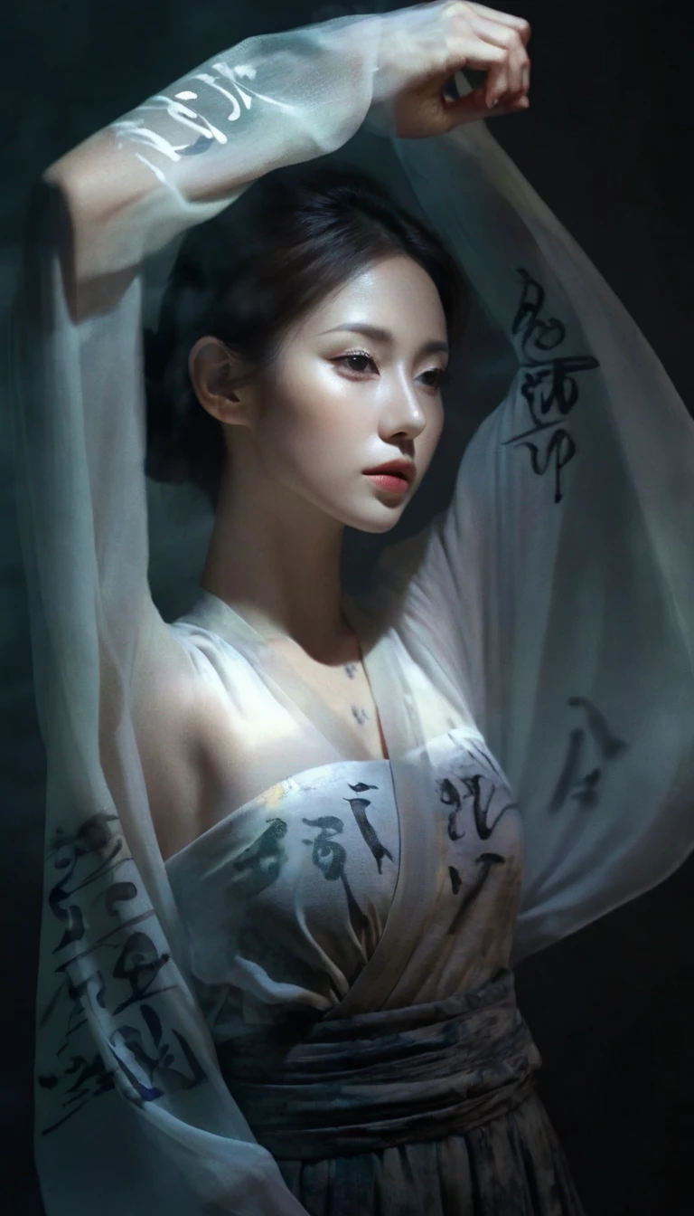 Double exposure style,Volumetric Lighting,Girl in wrap top,Arching her back,Traditional clothing,Artistic calligraphy and ink,light depth,Dramatic atmospheric lighting,Volumetric Lighting,Ghosting effect,Image combination,Double exposure style,