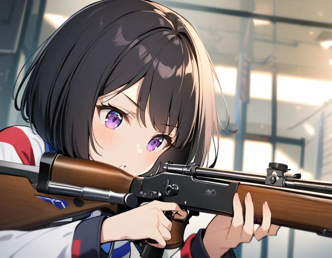 1girl,one length bob cut hair,parted_bangs,black hair,purple eyes,small breasts,Olympic competition rifle shooting,