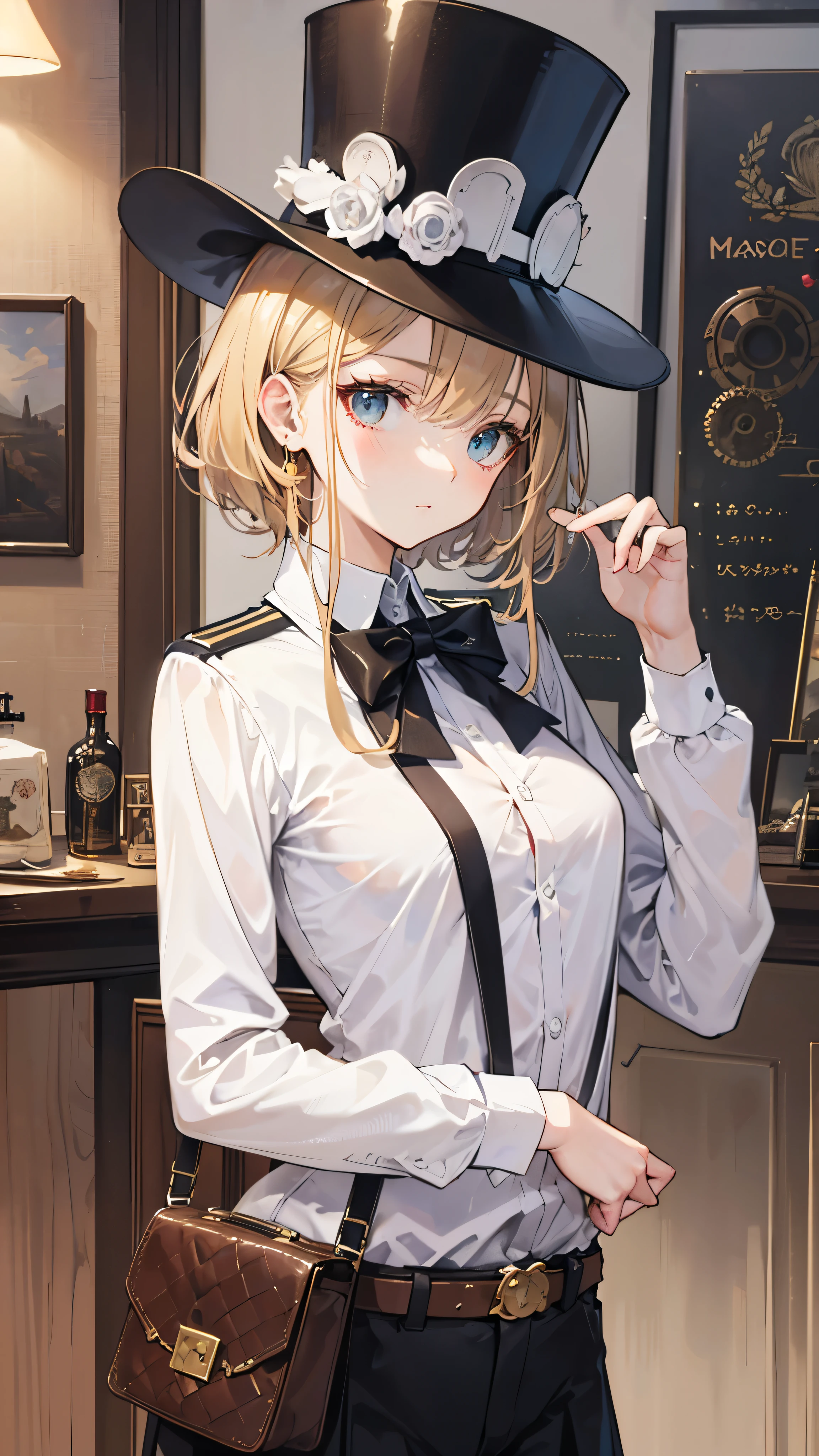 ((Best masterpiece, Perfect quality, Ultra detailed)), A skinny pilot girl with small breasts, Wearing antique top hat, Wearing cotton y-shirt, Steampunk