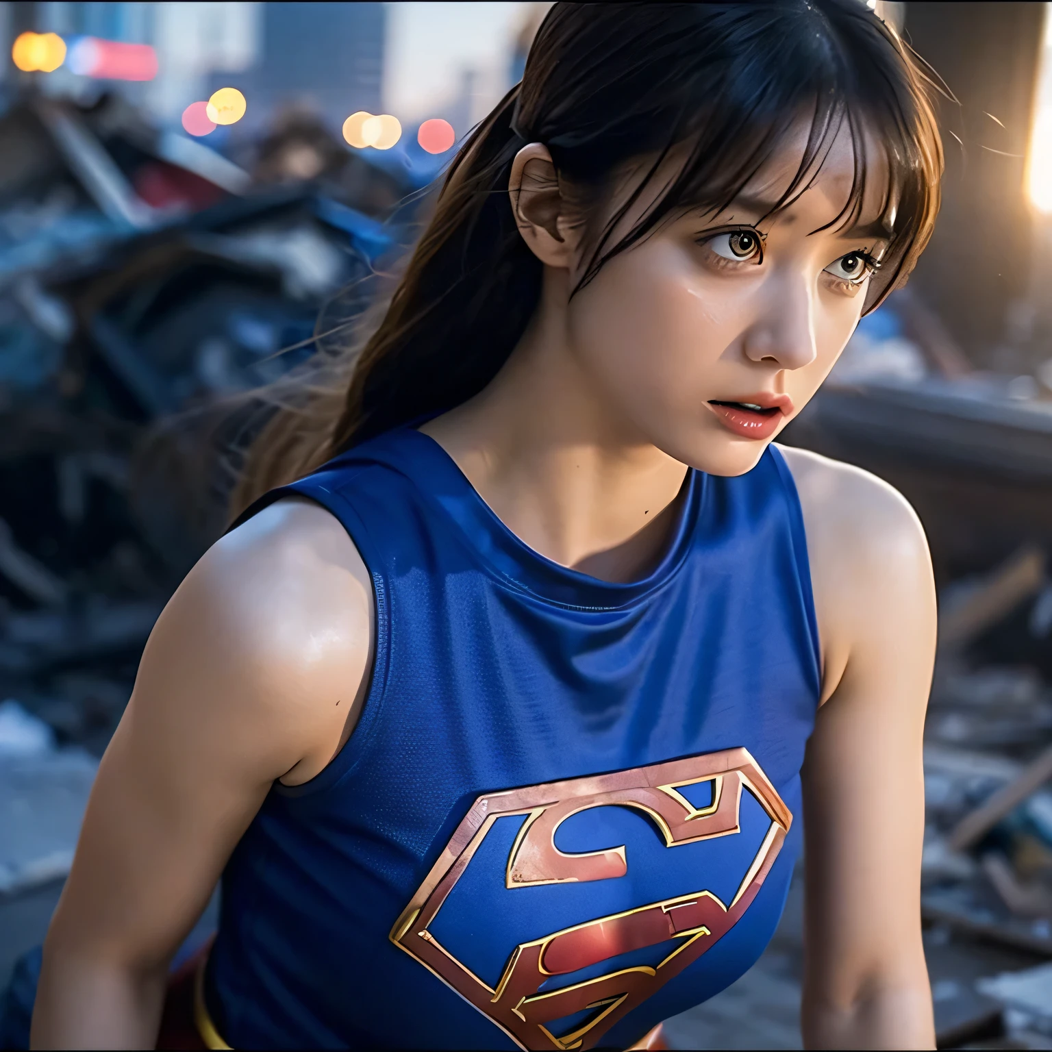 Supergirl, Beautiful Supergirl, 29 years old, Height : 152 CM, Trapped in the rubble of a building burning with hot fire, midday, supergirl tanktop costume, hair tied, hair bangs, Supergirl was sweating profusely, Supergirl had wet sweat on her chest, Supergirl had wet sweat on her head, Supergirl is shocked, Supergirl looks up, Supergirl looks scared, Supergirl screamed in pain, supergirl defeated, supergirl tanktop costume is torn, Supergirl protects many people, Supergirl fights against a giant, Supergirl is seriously injured, Supergirl falls into the rubble of a building, Supergirl was lying in the rubble of the building, sweating wet, Supergirl cried