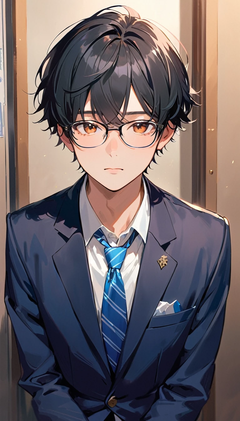 18 years old, a handsome boy, Black Hair, Short Hair,Glasses, blazer,Blue tie, high school student,Introvert,ask,Looks lonely,((looking at the camera))