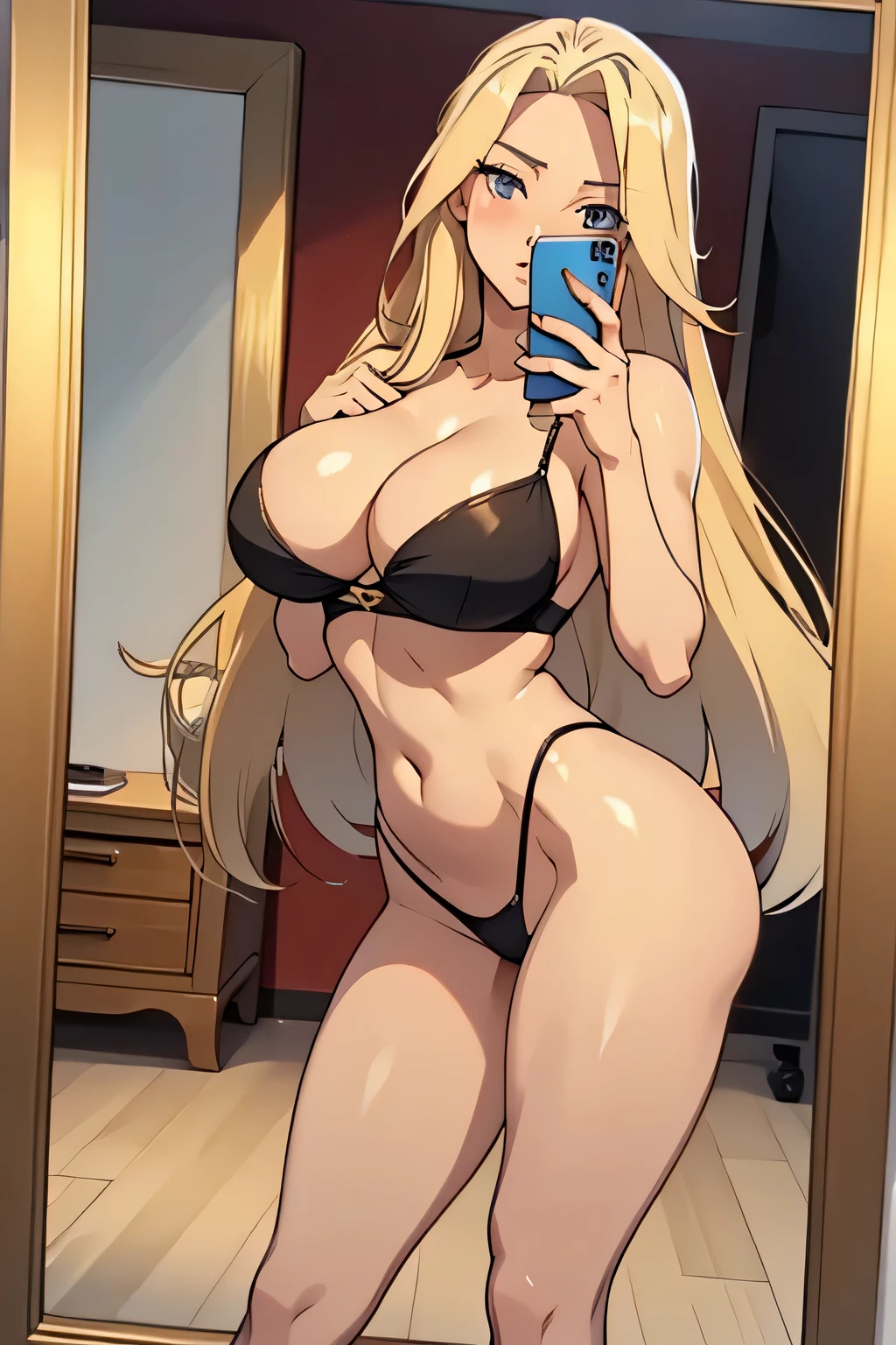 1girl, long blonde hair, large breasts, sexy body, mirror selfie