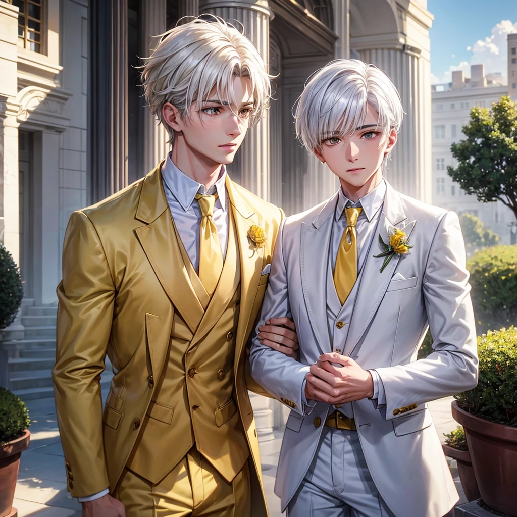 A young man with white hair, brown eyes with white suit and yellow tie, talking to your friend