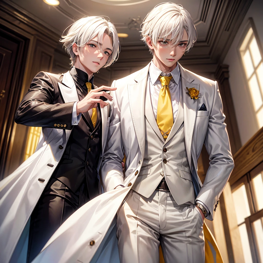 A young man with white hair, brown eyes with white suit and yellow tie, talking to your friend 