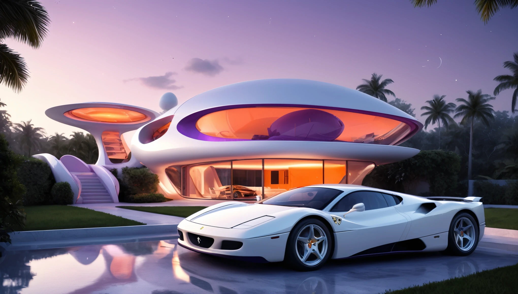 a futuristic house with a satelite dish and antenna array on the rooftop, with a white Ferrari testarossa parked in front of it, cgsocietywlop, beautiful curves, intricate devilish designs, qualia, interesting shapes & form, wow factor, elaborate polished, architectural rendering, miami, bioluminescent, colorfull, glow fluid, purple and orange soft lighting in interior of house, futuristic battlefield, inspired by James E. Brewton, precise architectural rendering