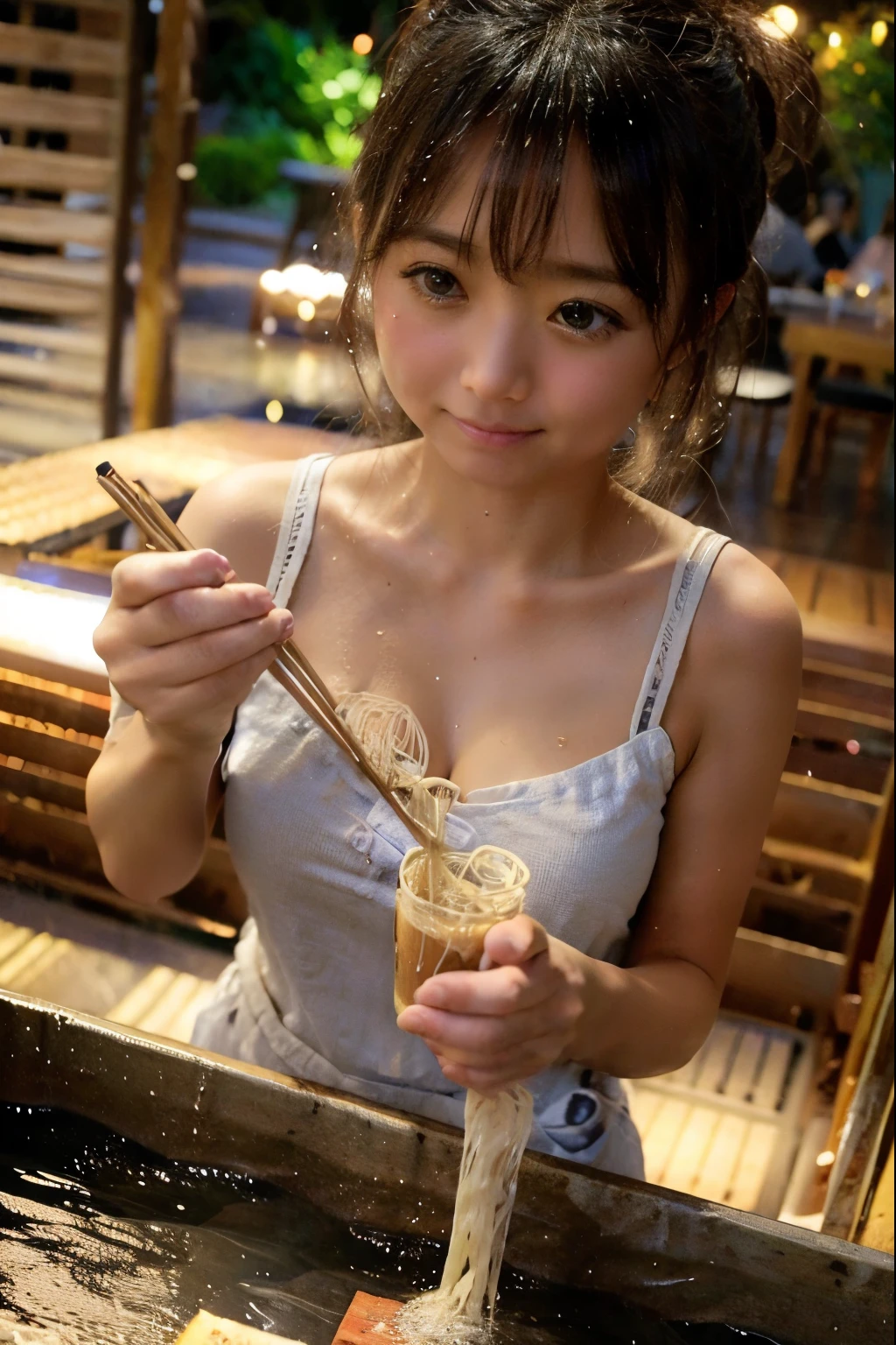 8K, RAW Photo, Best Quality, Masterpiece, Realistic, PhotoRealistic, Extremely Detailed 8K Wallpaper, Beautifully Detailed Eyes, Finely Detailed Face, 
 BREAK 
Professional Lighting, High-Key Lighting, 
 BREAK 
nagashi_soumen, A Lady is Eating Japanese Somen Noodles:1.3, (Using Chopsticks), 
Japanese Somen Noodles are Flowing Down Slide with Running Water:1.5, 
Slide is Made of Bamboo, 
Thin Curl Noodles, 
Outside, Summer, 
 BREAK 
Perfectly Anatomically Correct:1.4, 5 Beautiful Finger:1.2, 
 BREAK 
1 Lady, Very Short Bob Cut:1.0, Japanese, Wide-Set Eyes, Very White Skinned, Blush, Embarrassed, (19-Year-Old), 
Brown Hair, Wet Hair, Messy Hair, (Light Smiling:1.4), (cleavage), 
Wearing Marc Jacobs Off Shoulder Top + Marc Jacobs Shorts, 
Looking Up Viewer, Dynamic Angle, 
 BREAK 
SFW:1.0, Non-Nipples:1.0, 
 BREAK 
Eye Focus, Bokeh:1.0