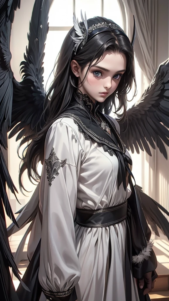 masterpiece, Angel Girl, young，************，Brunette with wings, White dress with feathers, Close-up portrait, Delicate face, Lots of black feathers, silver，Black Wings