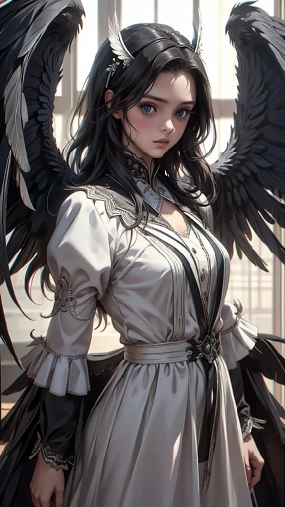 masterpiece, Angel Girl, young，************，Brunette with wings, White dress with feathers, Close-up portrait, Delicate face, Lots of black feathers, silver，Black Wings