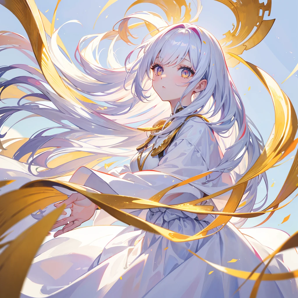 best quality, masterpiece,colorful hair, golden eyes,White clothes, look up, ,Hair,White skin,