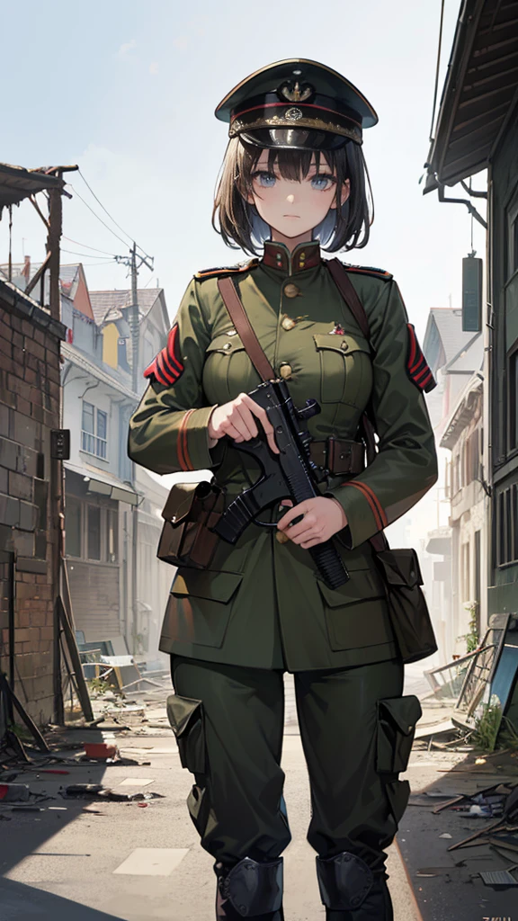 ((Best masterpiece, Perfect quality, Ultra detailed)), ((Ruined town, Great War)), A soldier girl, With a military cap, With heavy gears