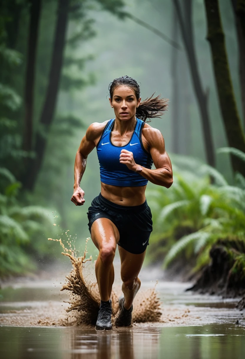 A raw and inspiring image capturing the essence of strength training outdoors, featuring fit  women training in the mud and rain. Their muscles are tense with determination as they push through challenging workouts, lifting logs, sprinting through puddles, and performing intense calisthenics in the wild, rugged terrain. Rain pours down, creating a dynamic atmosphere that emphasizes their resilience and tenacity. The background is a moody, natural landscape with trees and muddy paths, enhancing the sense of adventure and raw power. Dramatic lighting and the contrast between the rain and their determined expressions highlight the grit and passion of their workout. This scene is captured with a Nikon D850 camera and a Nikkor 24-70mm f/2.8E ED VR lens, renowned for its exceptional sharpness and weather resistance. The settings are tailored to emphasize the motion and intensity: an aperture of f/2.8 to maintain a shallow depth of field, an ISO of 800 to ensure clarity in the rain, and a shutter speed of 1/400 sec to freeze the powerful movements. The composition is enriched with elements of nature and motivational quotes subtly blended into the scene, creating a backdrop of unyielding spirit and determination. This photo isn’t just about a workout; it’s a testament to the unbreakable will and the relentless pursuit of strength in the face of nature’s challenges. --ar 16:9 --q 2 --v 5
