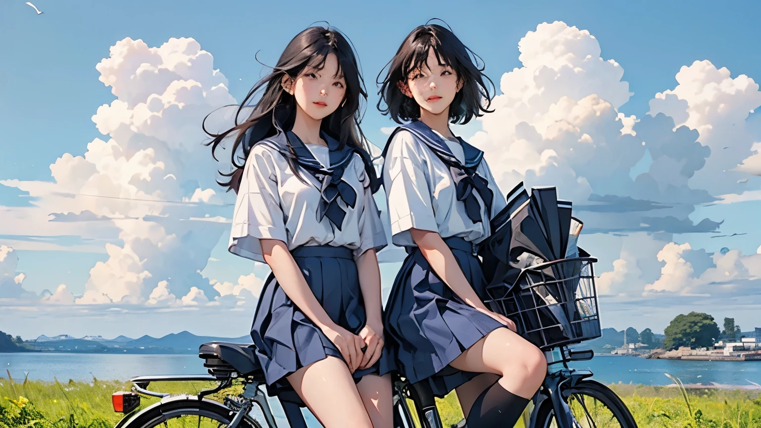 Two girls and two bicycles、(Two girls on bicycles riding side by side:1.2)、Beautiful 17 year old Japan woman、Hair color is black、black eye、Medium Hair、short hair、Straight hair、smile、slender but well-proportioned body,、They both wear the same uniform、Sailor suit、Short sleeve、White pleated skirt、Short skirt、Wear loafers、School Bags、summer、countryside、Long concrete road、A little overgrown grass、electric wire、Beautiful blue sky and white cumulonimbus clouds、Beautiful sea、Birds are flying、Highest quality、detailed、