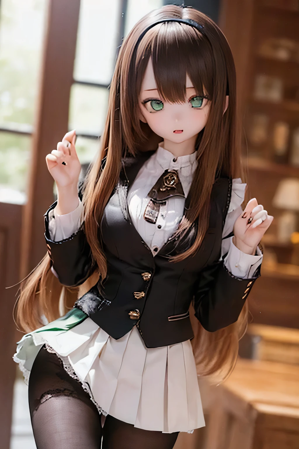 (SFW:2), photorealistic, realistic photo, 8k, ((highest quality)), ((masterpiece)), (extremely detailed), kukolnydom, doll, (mature woman, 21yo, 21 years old, solo:1.6), ((cowboy shot, stylish pose, slim, slender, skinny, medium breasts, hairband, ascot, vest, blouse, long puff sleeves, pleated skirt, black pantyhose)), (green eyes, brown hair, long hair, plastic skin, looking at another, glass eyes, gradient eyes, shining eyes, detailed eyes:1.3)
