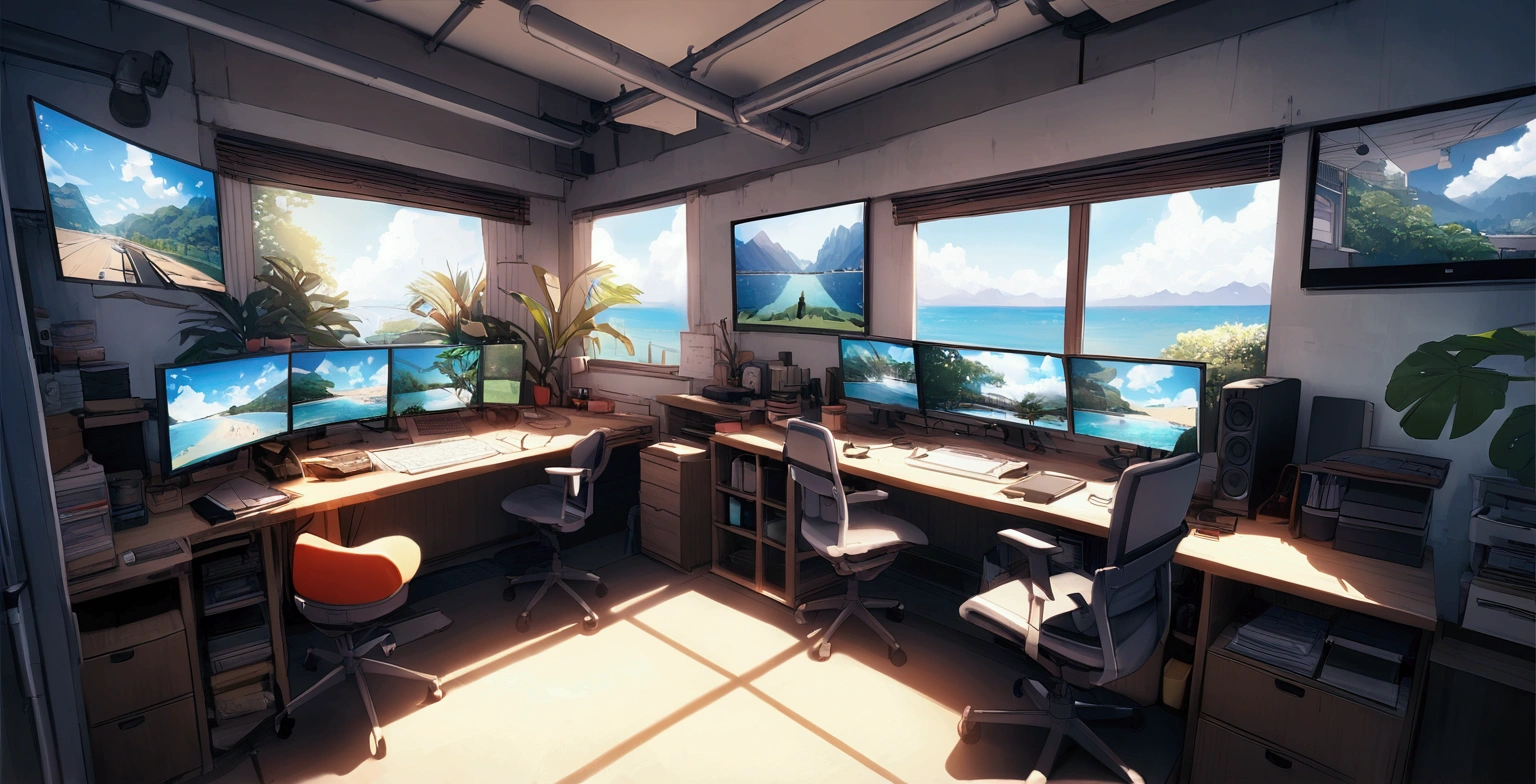 Room with multiple monitors、I work in marketing、tropical