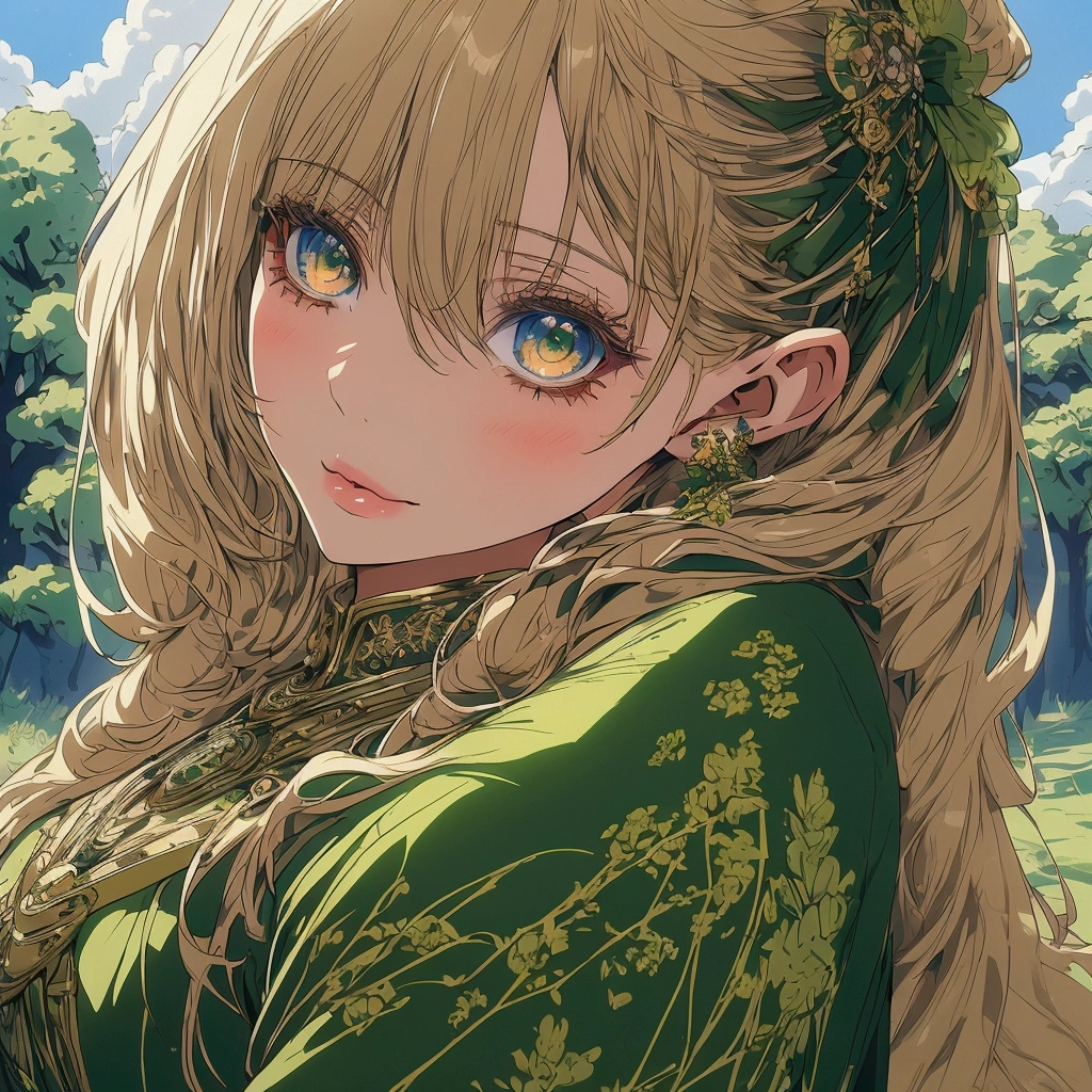 detailed anime girl, beautiful detailed eyes, beautiful detailed lips, extremely detailed face sitting on a green valley, green lush and trees around her, make the scene to life, detailed sky, detailed trees, detailed clouds, vibrant colors, cinematic lighting, 8k, high quality, masterpiece, intricate details