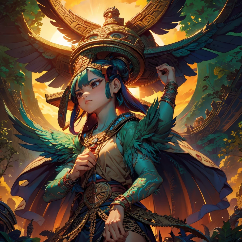Childish,  high quality、Very detailed、８Year、Mayan Aztec young priestess、Flying Feathered Serpent（Quetzalcoatl Kukulkan）Looking up at the sky and offering prayers、Chichen Itza Temple of the Sun in the Forest、mysterious、