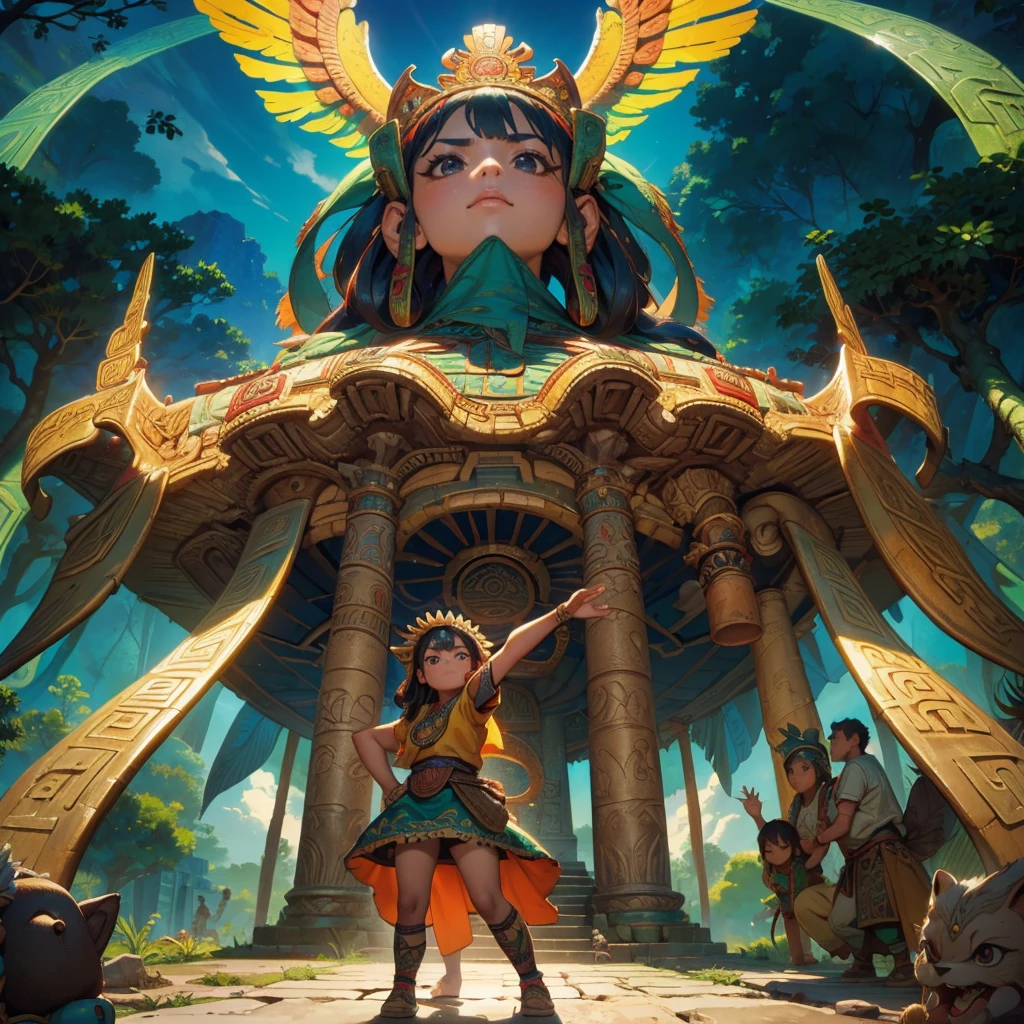 Childish, high quality、Very detailed、8Year、Mayan Aztec young priestess、Flying Feathered Serpent(Quetzalcoatl Kukulkan)Looking up at the sky and offering prayers、Chichen Itza Temple of the Sun in the Forest、mysterious、
