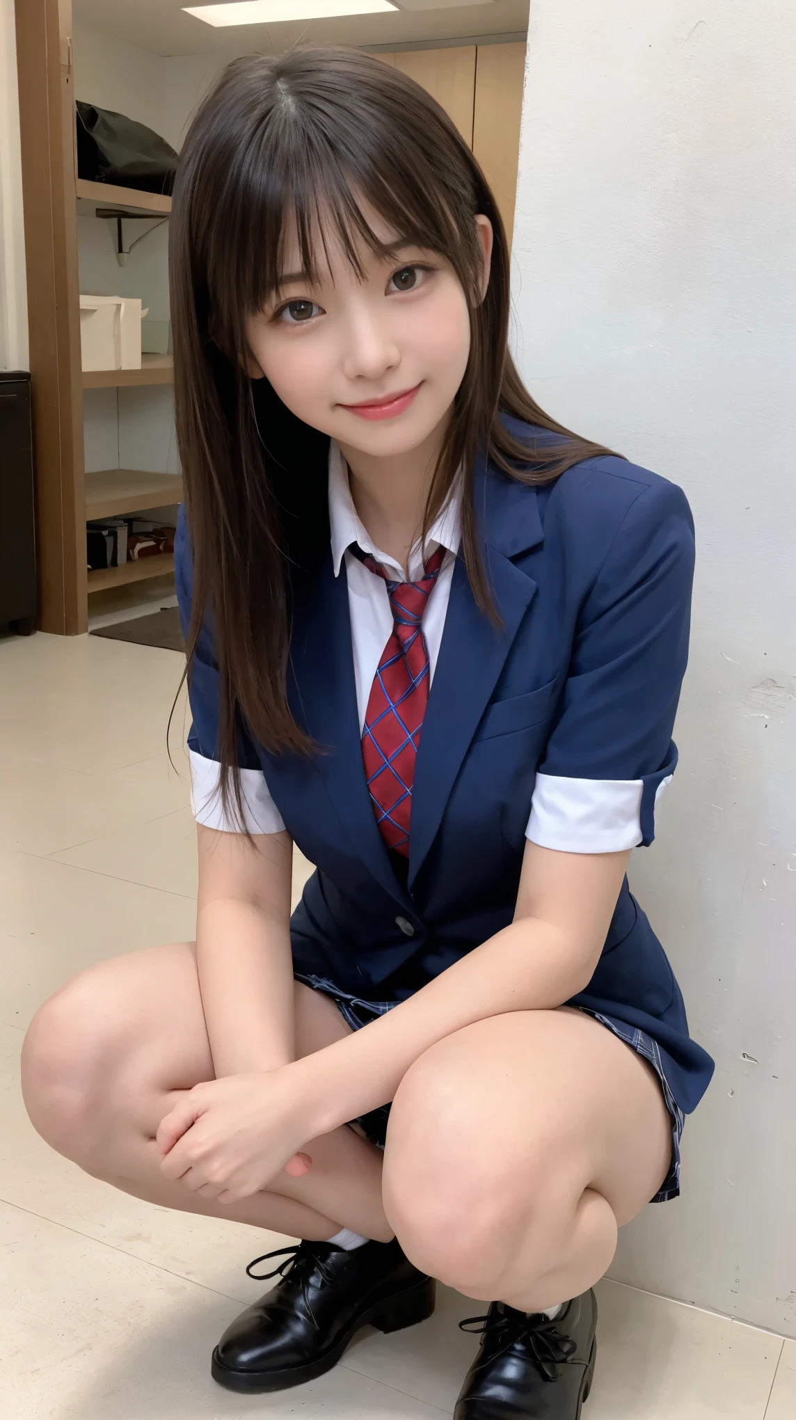 歩道でsquatかわいい18歳の女の子,Red Tie Uniform,Dark Blue Blazer,Blue checked mini skirt,bangs,A small smile,Thighs,knees,Random Pause，pretty girl，Slender girl，squat，