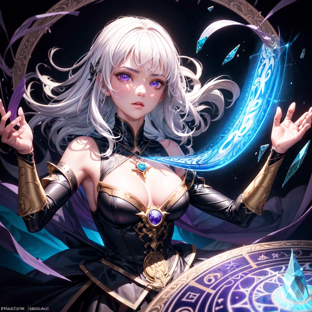 realisticlying,1 girl with big breasts,White hair,Purple eye,glowing light eyes,magic school,the street,Magic Student Uniform,Bare shoulder top,pleatedskirt,Magic wand in hand,Swing beautiful magic arrays and gorgeous streamers