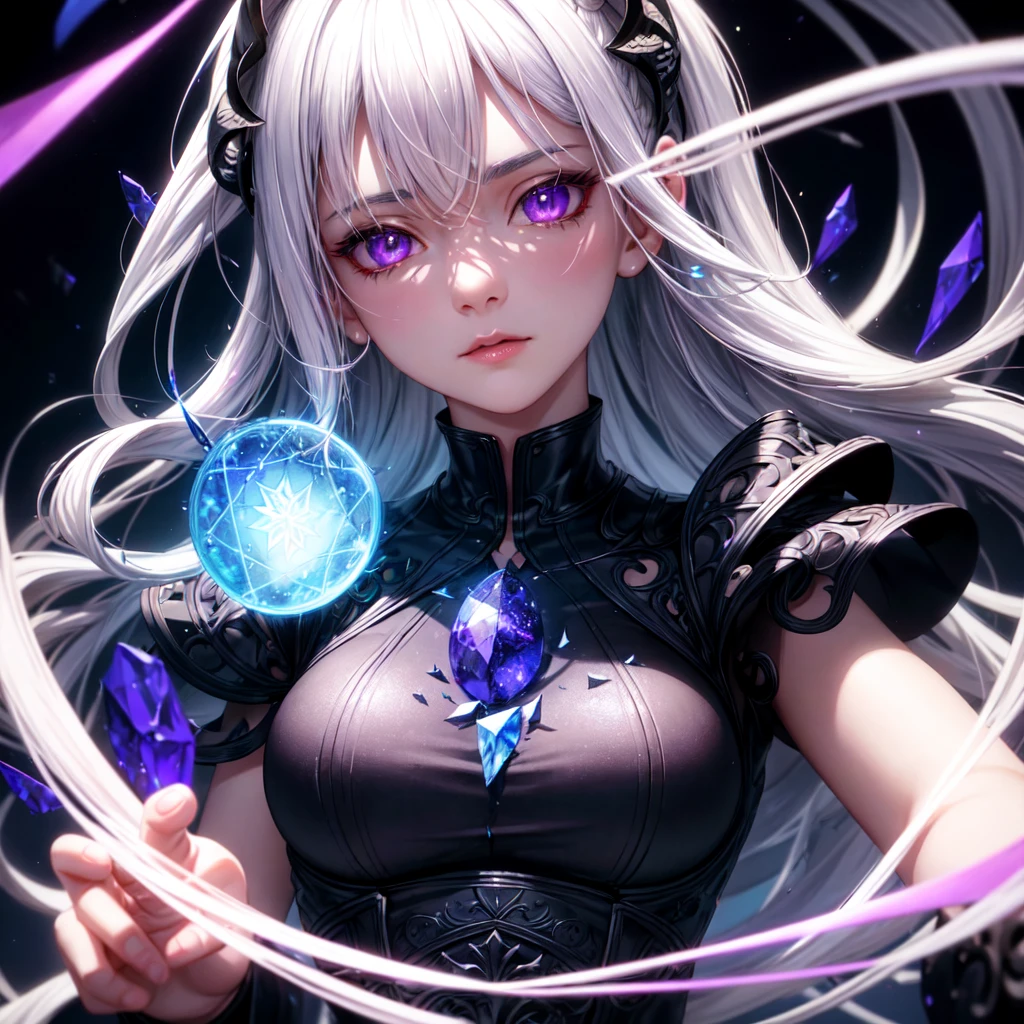 (masterpiece, best quality, ultra-detailed, best shadow), (detailed background,dark fantasy), (beautiful detailed face), high contrast, (best illumination, an extremely delicate and beautiful), ((cinematic light)), colorful, hyper detail, dramatic light, intricate details, (1girl, solo,white hair, sharp face,purple eyes, hair between eyes,dynamic angle), blood splatter, swirling black light around the character, depth of field,black light particles,(broken glass),magic circle,