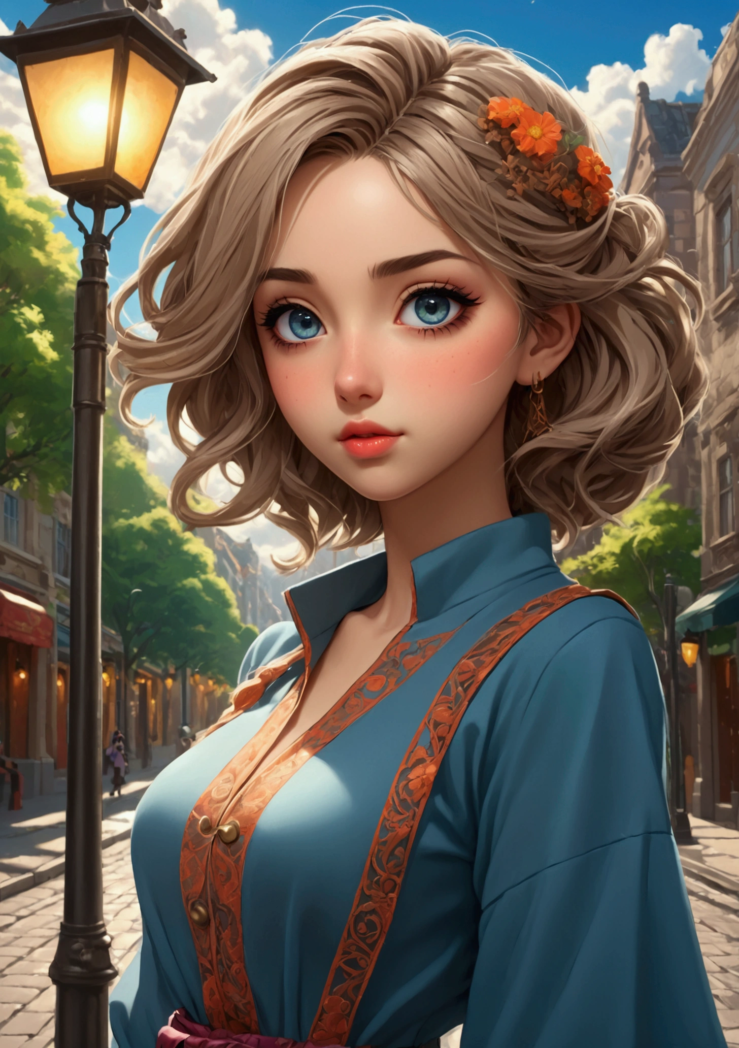 detailed anime girl, beautiful detailed eyes, beautiful detailed lips, extremely detailed face and features, long eyelashes, detailed realistic clothing, detailed street background, detailed buildings, detailed street lamps, detailed pavement, detailed sky, detailed trees, detailed clouds, wide angle, detailed atmosphere, vibrant colors, cinematic lighting, 8k, high quality, masterpiece, intricate details