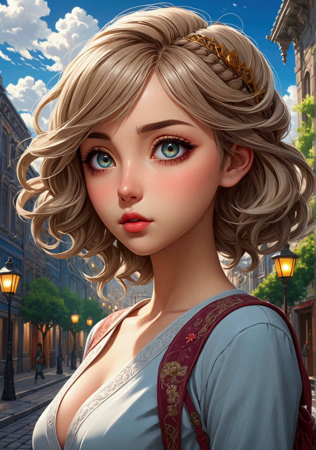 detailed anime girl, beautiful detailed eyes, beautiful detailed lips, extremely detailed face and features, long eyelashes, detailed realistic clothing, detailed street background, detailed buildings, detailed street lamps, detailed pavement, detailed sky, detailed trees, detailed clouds, wide angle, detailed atmosphere, vibrant colors, cinematic lighting, 8k, high quality, masterpiece, intricate details
