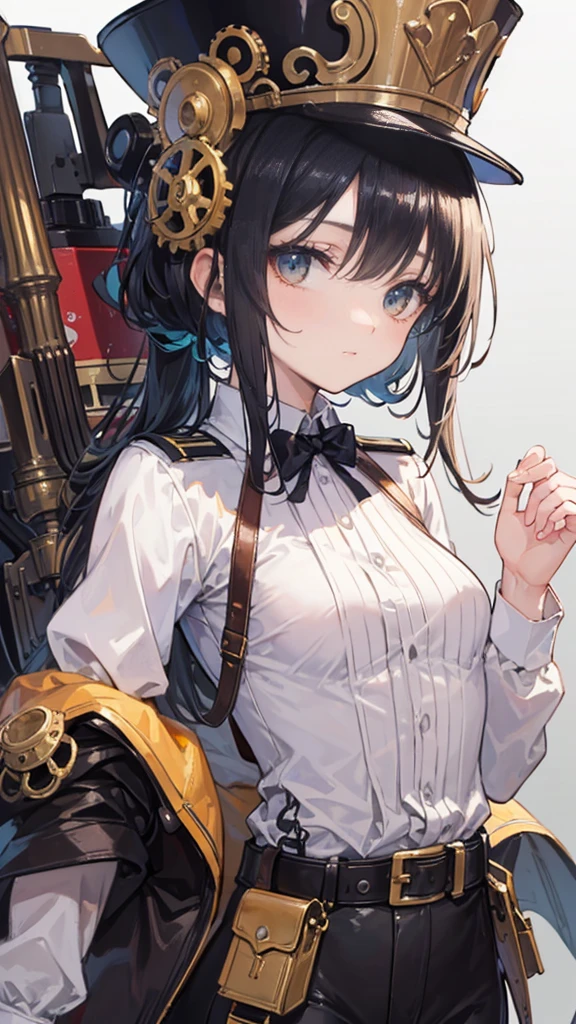 ((Best masterpiece, Perfect quality, Ultra detailed)), A skinny pilot girl with small breasts, Wearing antique top hat, Wearing cotton y-shirt, Steampunk