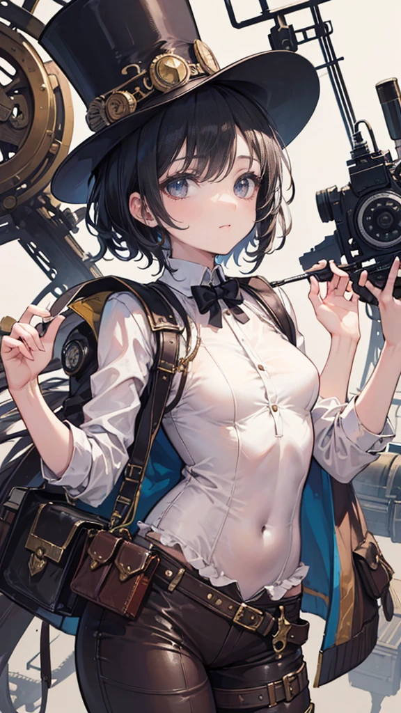 ((Best masterpiece, Perfect quality, Ultra detailed)), A skinny pilot girl with small breasts, Wearing antique top hat, Wearing cotton y-shirt, Steampunk