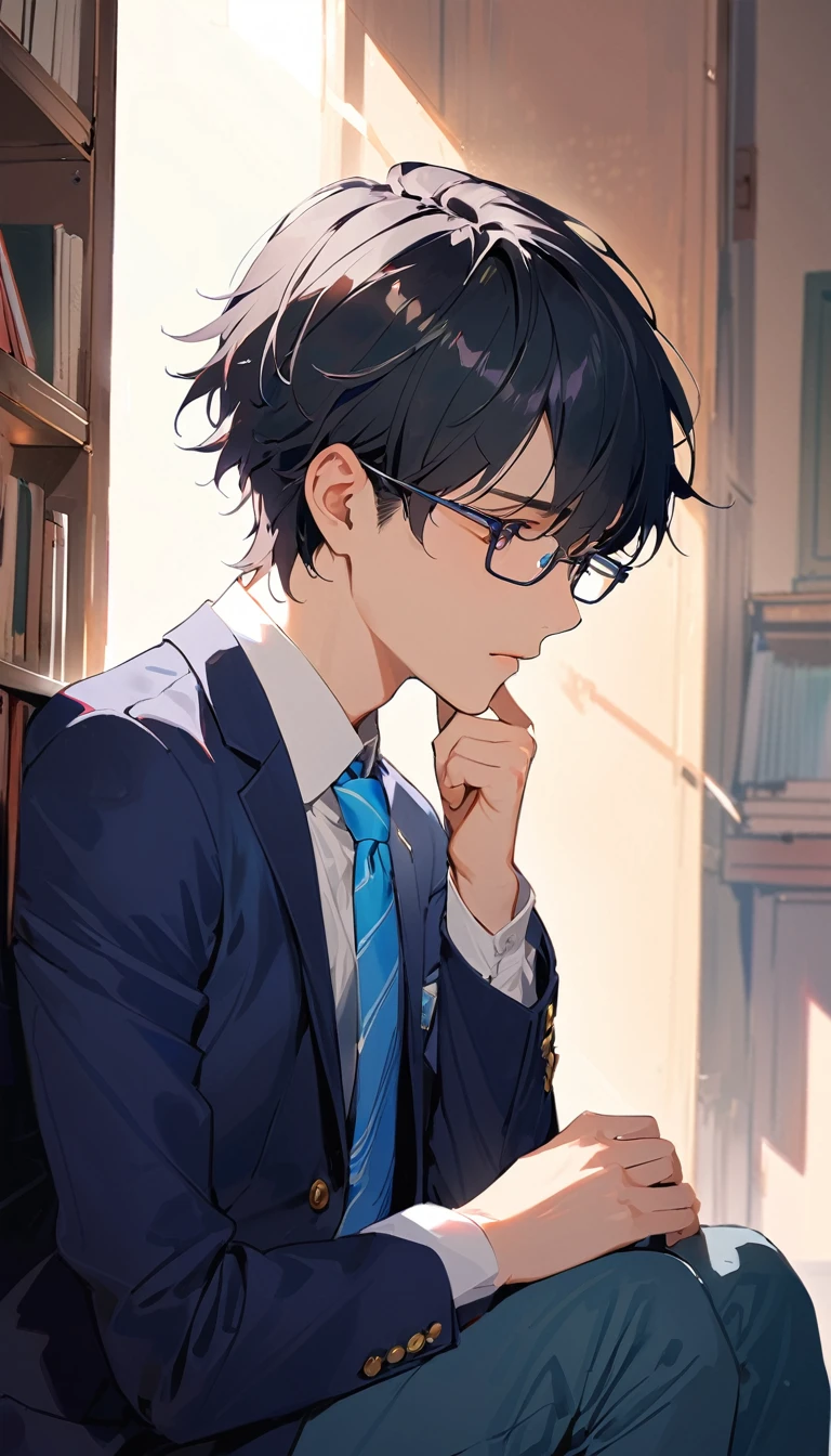 18 years old, a handsome boy, Black Hair, Short Hair,Glasses, blazer,Blue tie, high school student,Introvert,ask,Looks lonely,((Look away))