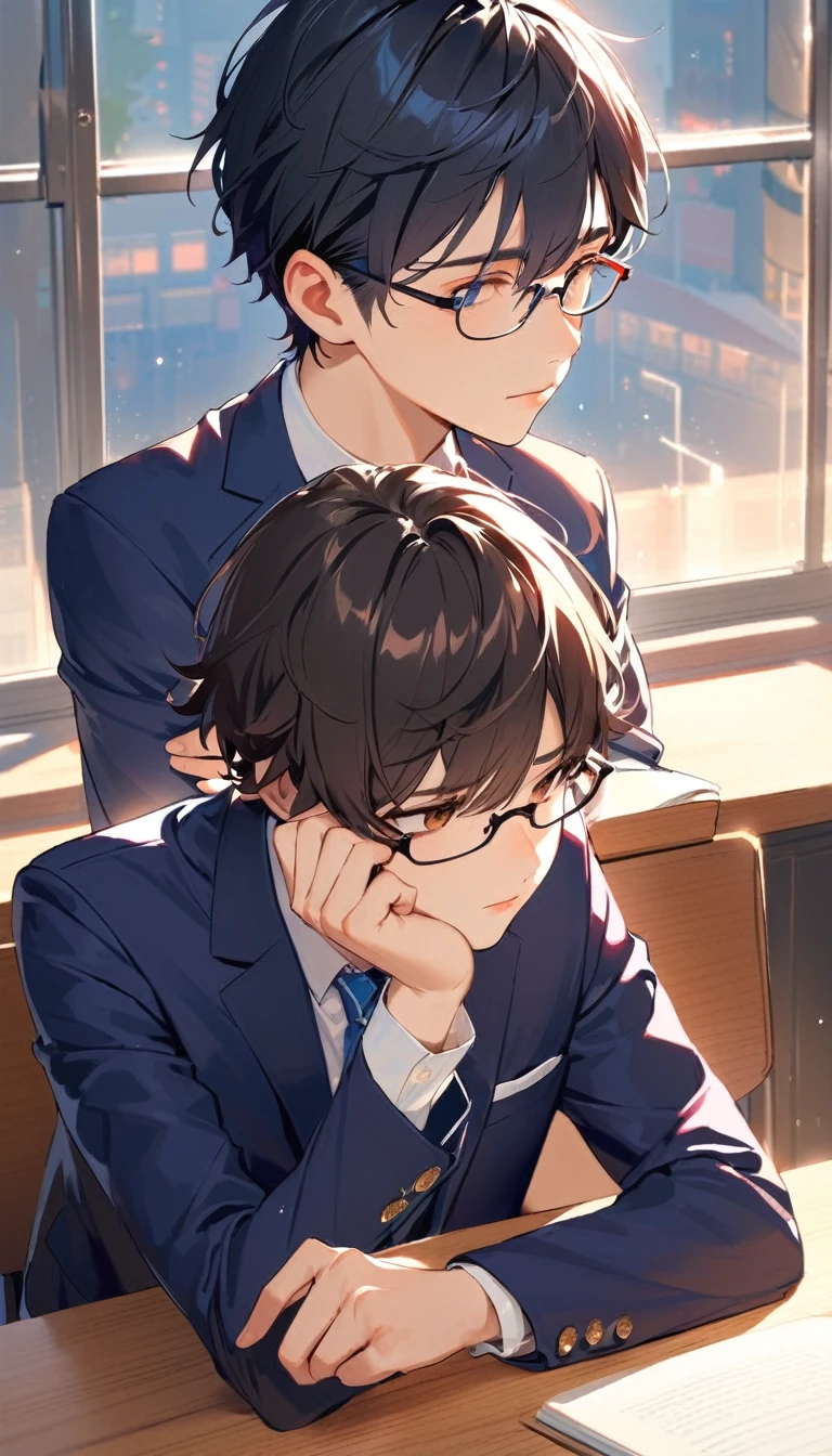 18 years old, a handsome boy, Black Hair, Short Hair,Glasses, blazer,Blue tie, high school student,Introvert,ask,Looks lonely,((Look away))