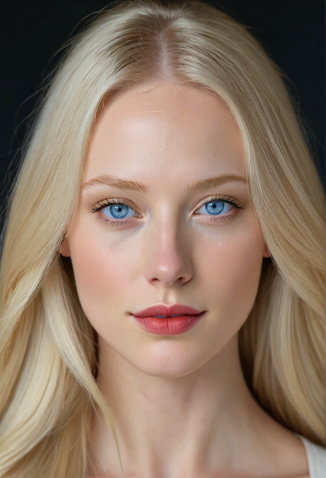 Extremely light albino woman, young, adult, neoteny, blue eyes, angelic face, fine features, thin nose, symmetrical face, small nose, perfect face, tenderness, smooth skin, perfect skin, very long light blonde hair,hyper realistic,centered front face, looking straight ahead,mouth shut,strong face freckless,strong red lipstick