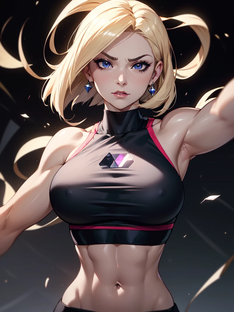 (((Portrait Photo))), She has the Appearance of a Fierce and Determined Middle-aged Woman, with a Sturdy and Toned Build that Commands Respect. Her Short, Platinum Blonde Hair Frames Her Face in a Stylish Bob, with Strands Falling Over Her Forehead. Her Sapphire Blue Eyes, Reflect a Mix of Confidence and Pride. Her Expression is Bright and Cheerful, Yet There is an Air of Arrogance. She Embodies the Pride and Arrogance of a Fighter Confident in Her Strength, Radiating an Unshakable Self-assurance and a Playful, Yet Commanding Presence. (((Portrait Photo))), (((Dark Background))), (((Sporty Black Crop Top Accentuates Her Large Bust))), (((Reveals Midriff)))